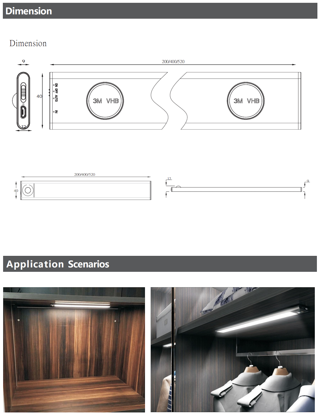 Motion Sensor Aluminum LED Light For Cupboard And Furniture 400mm Frosted Glass Shade