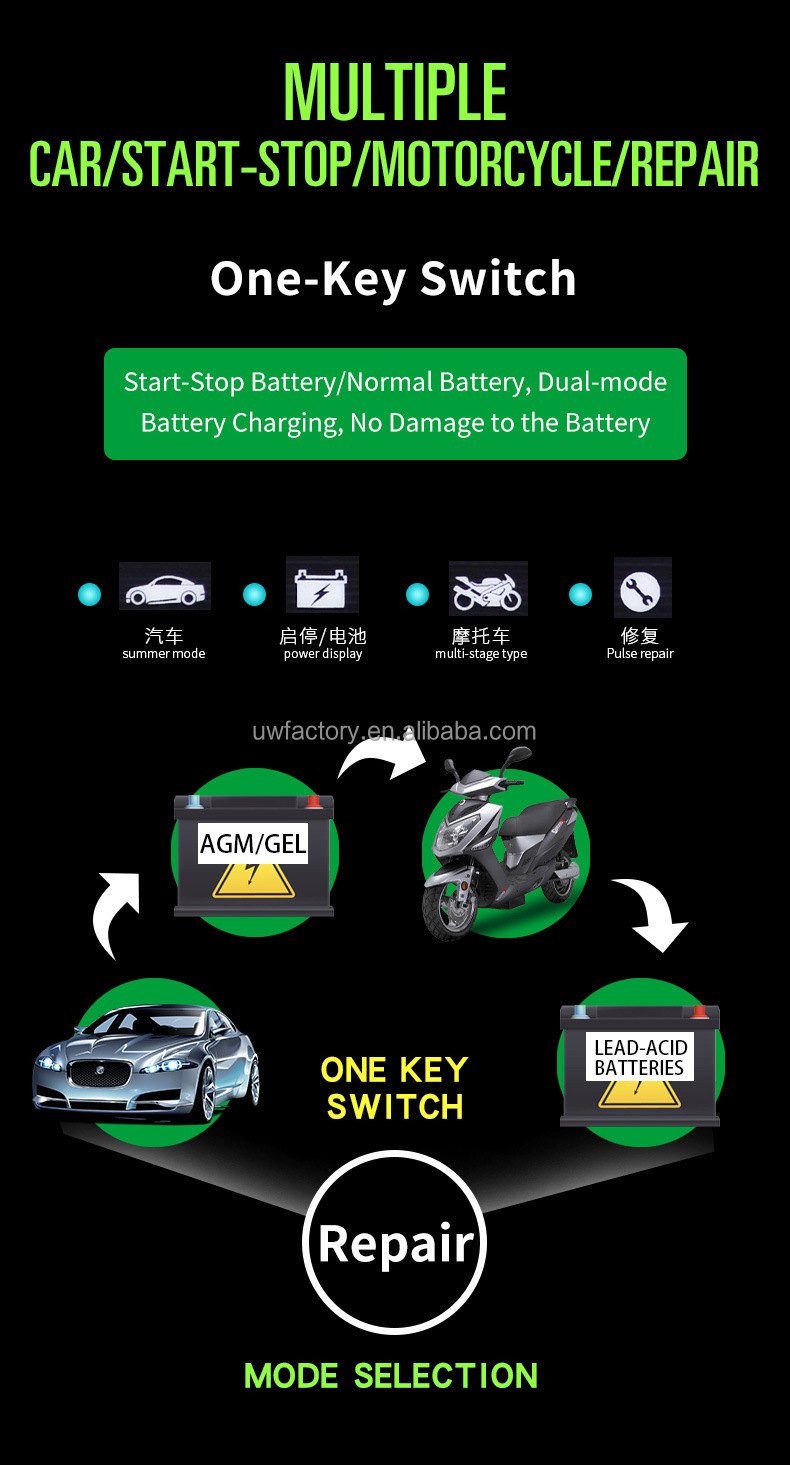 Automatic Identification 12V6V 8A 10A 12A Lead-Acid Battery Charger with Multi- and PC Fireproof Material