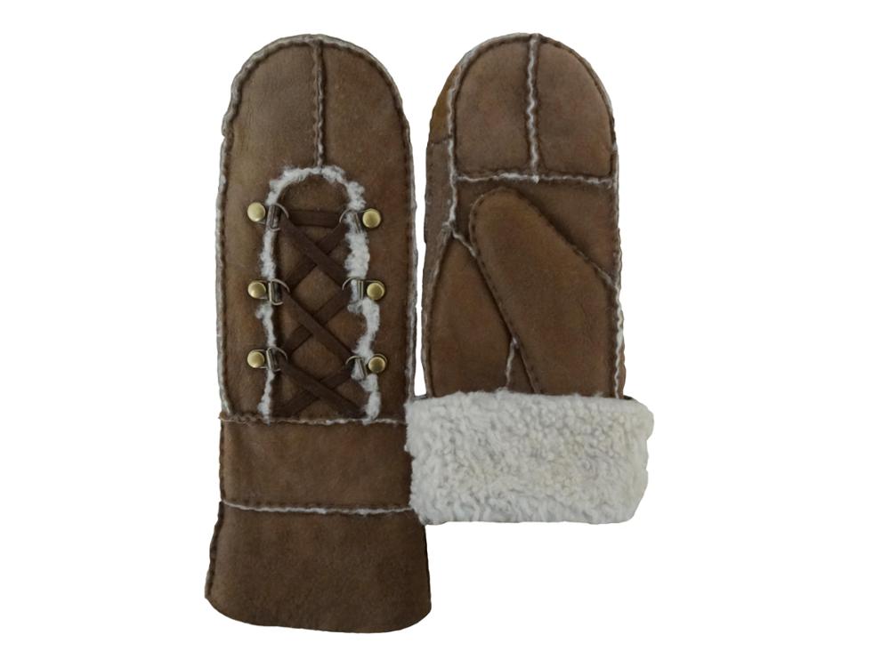 Wholesale Cheap Handsewn Patched Shearling Sheep Fur Lined Women Gloves Winter Warm Lambskin Scrap Leather Ladies Mitten
