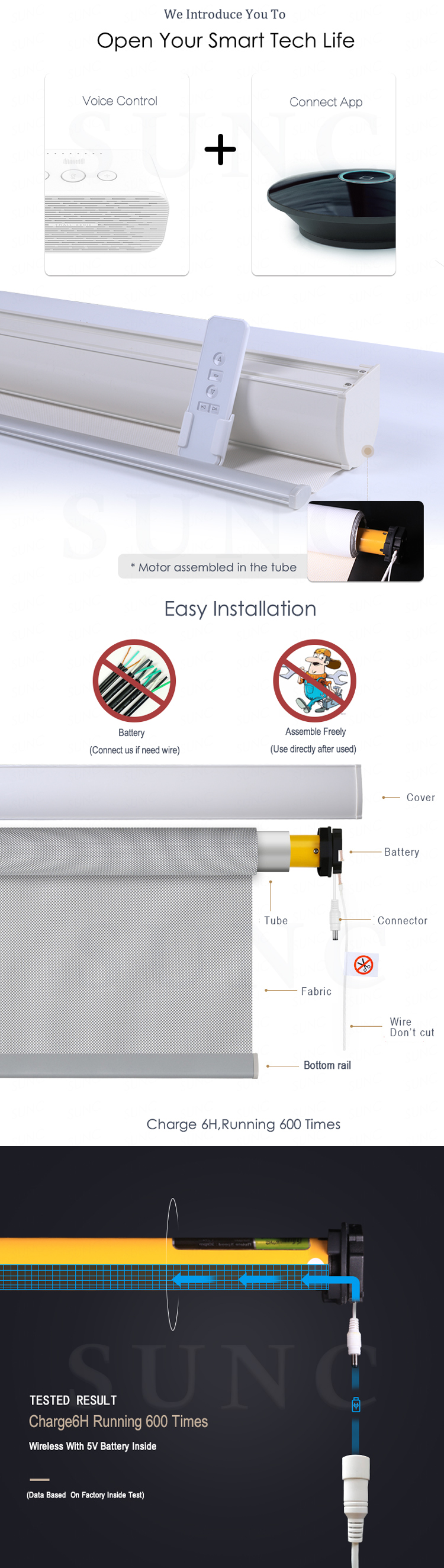SUNC custom diy motorized electric automatic blackout fabric window roller blind shade curtain screen drape full set system