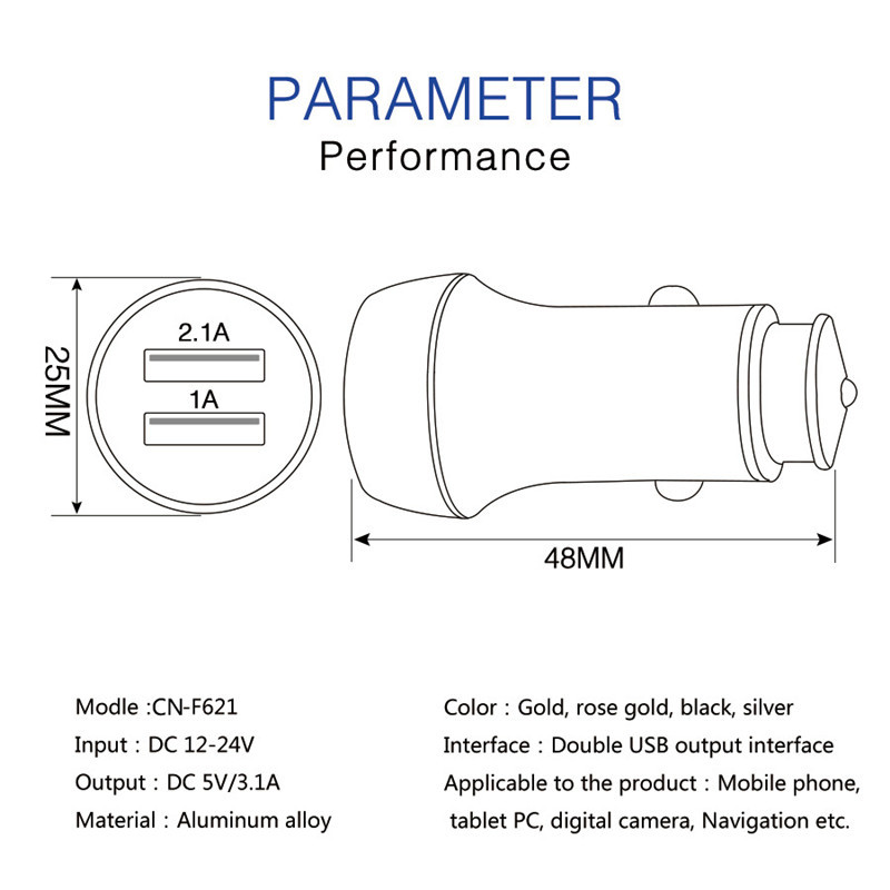 12V 3.1A Aluminium Alloy dual port usb cell phone smart car charger with rohs certificate for Smart Phone Tablets