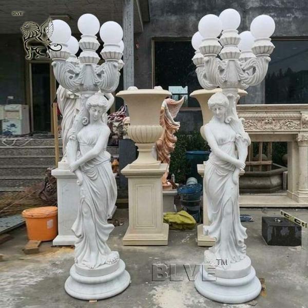 Marble Woman Statues Sculpture Floor Lamp Life Size White Stone Carving Garden