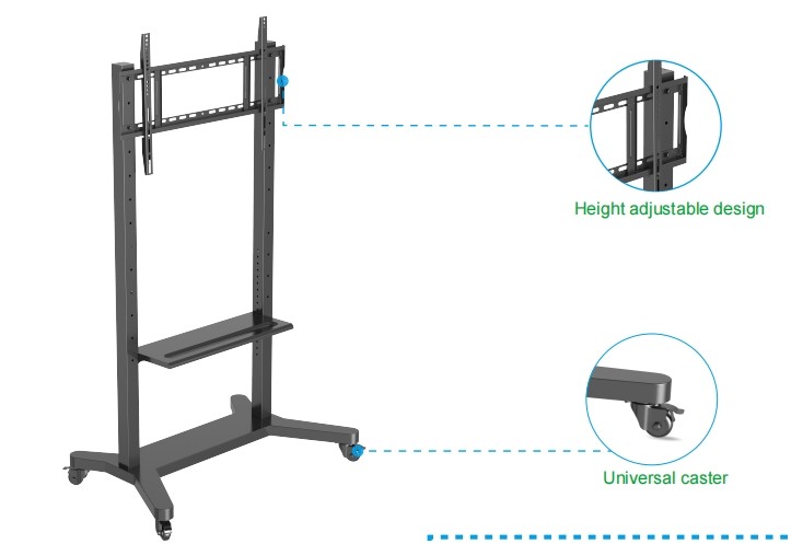 55"- 86" Adjustable Mobile TV Stand With Wheels, Compatibility For 43"-100" Flat/Curved Screens Up To 220 Lbs Steel Frame, 5 Height Options, Rolling