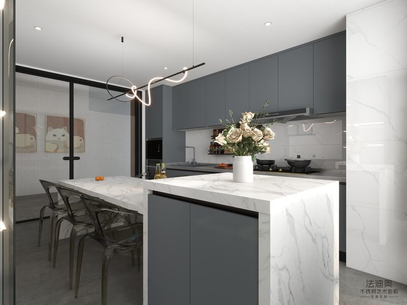 Fadior Gray-Blue Stainless Steel Double Linear Kitchen Cabinets With Wine Storage And Multifunctional Island