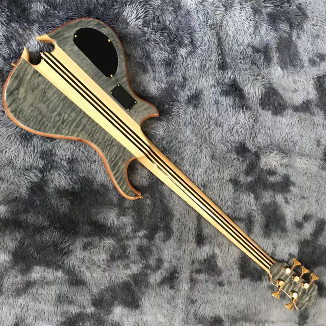 Custom Alem Style Mark King 5 Omega Cut Bottom Shape Neck Through Body Flamed Maple Top 5 Strings Bass Guitar