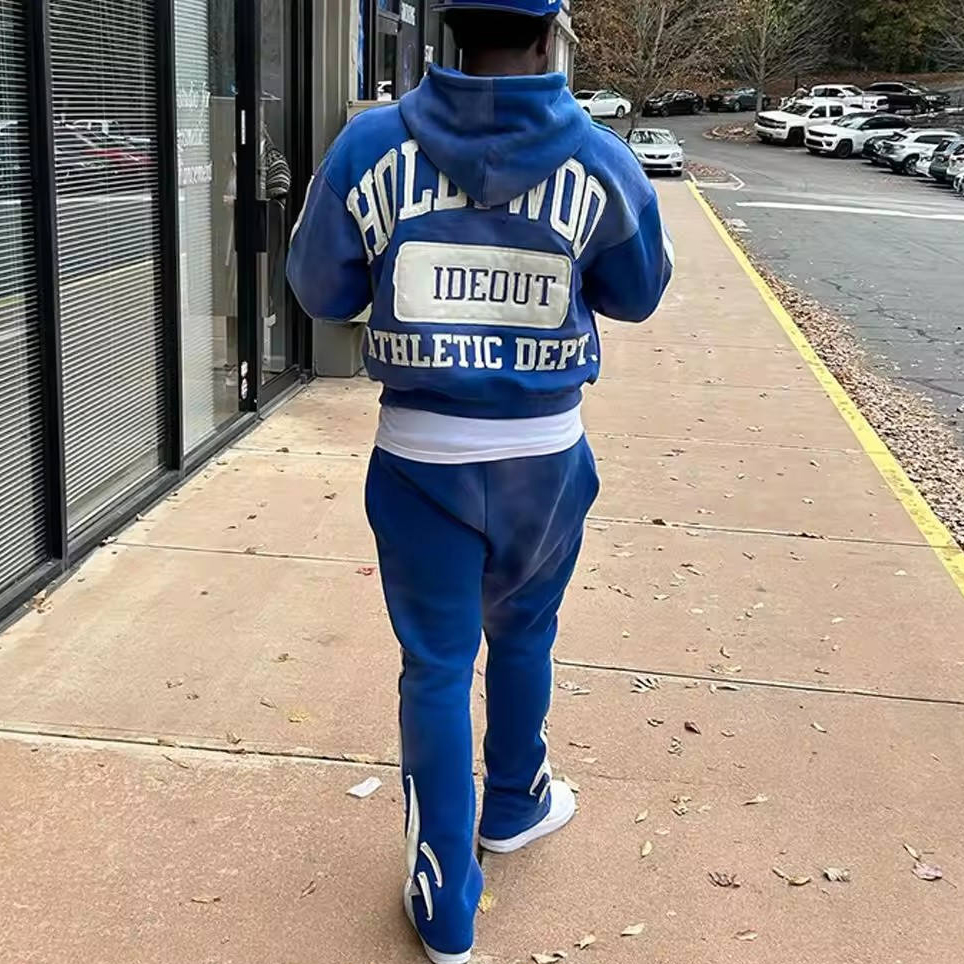 Custom Streetwear Vintage Cropped Zip Hoodie and Sweatpants Set with Towel Embroidery