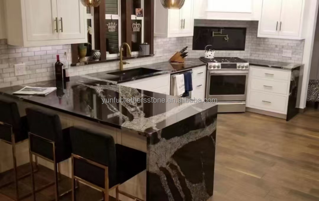 Modern Black Kitchen Countertop with Cabinets Stone Name Ink Impression Marble Big Slab