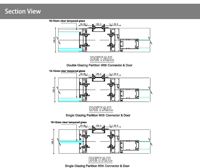 new design Hidden frame glass partition with lock door closer