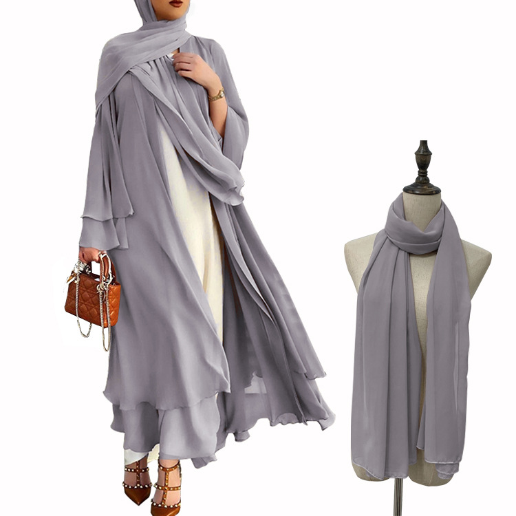Solid Color Cardigan Soft Elegant Big Size Muslim Long Skirt Chiffon Clothes