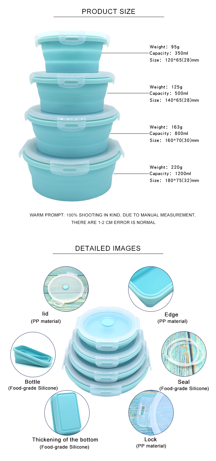 350 500 800 1200ML Silicone Folding Lunch Box LFGB