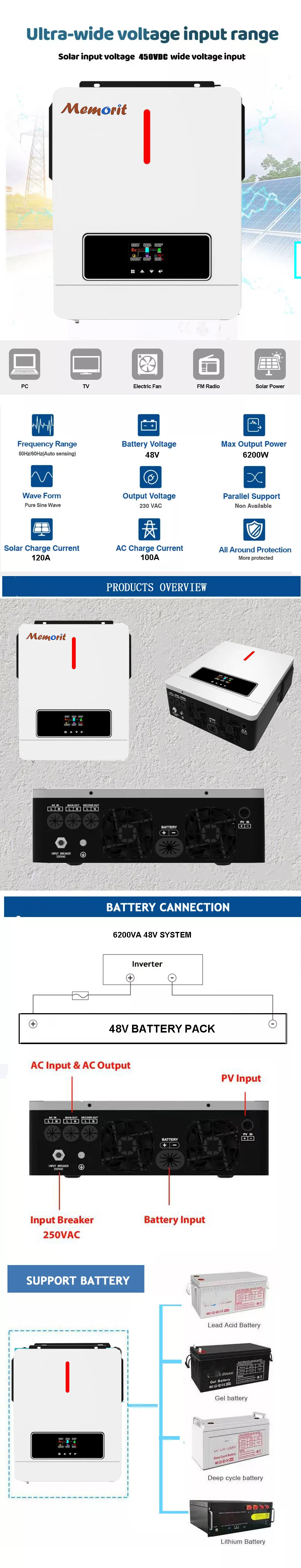 6200W Off Grid Solar Inverter 220V 230V 240V Pure Sine Wave Solar Inverter
