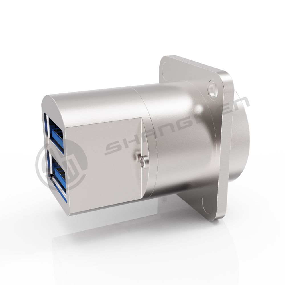 Double Port Panel Mount Connector Waterproof 9 Pin Shielded USB Connector
