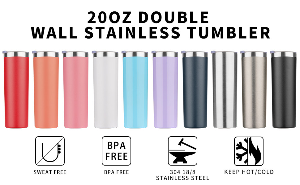 Sublimation Blank 20 OZ Straight Skinny Tumbler With Straw Stainless Steel Double Wall Insulated Tumbler