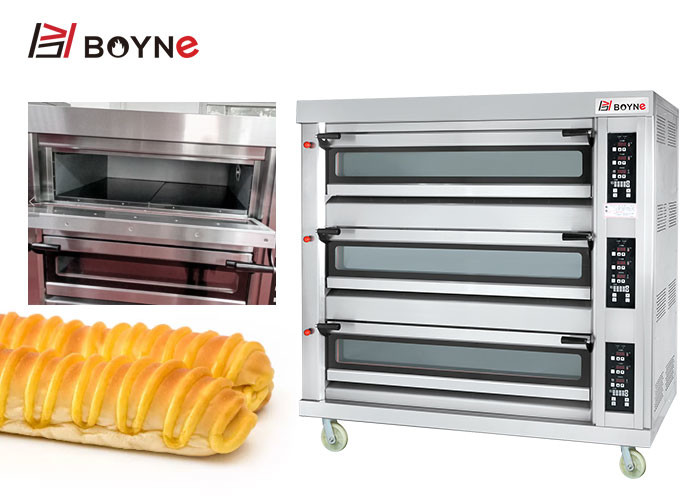 Commercial Bakery Shop 20~400°C Stainless Steel Gas Three Deck Six Trays Bread Oven