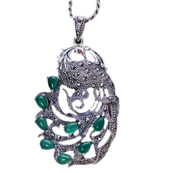 Vintage Thai Sterling Silver Green Agate with Marcasite Peafowl Pendant Necklace