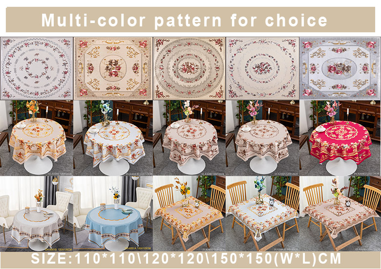 Customized PVC Round Plaid Tablecloth for 10 People White and Green Floral Pattern