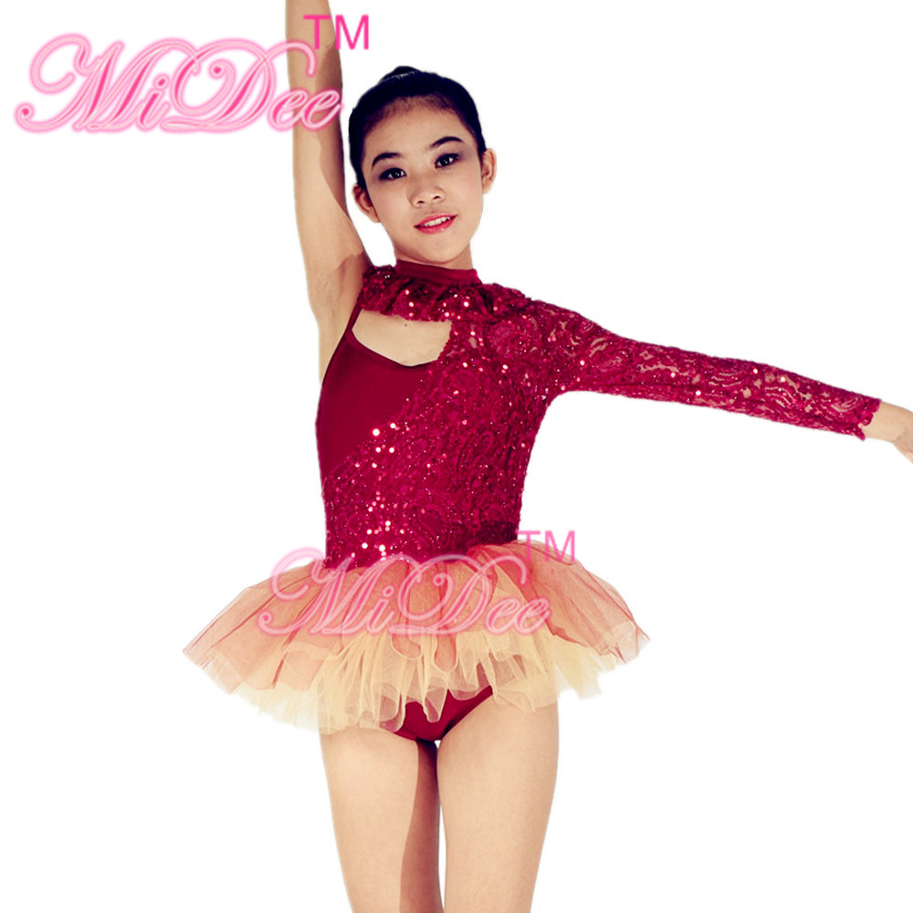 2 In 1 Asymmetrical Sequined Lace Dance Leotards One Sleeve With Two Tones Childs Tutu Skirt