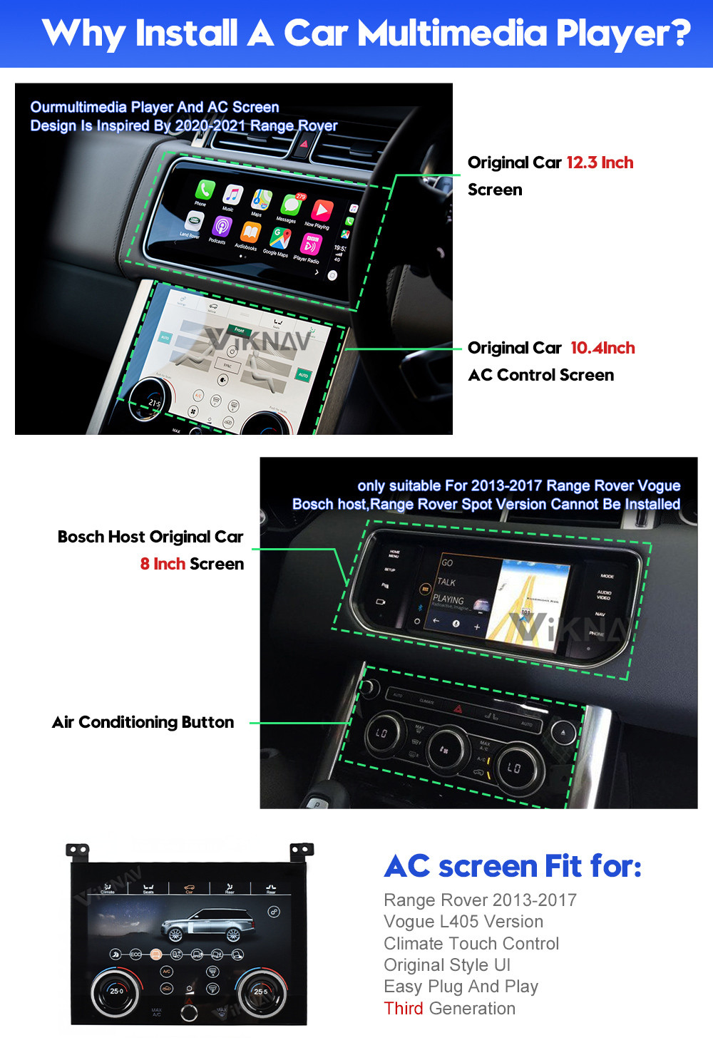 Land Range Rover Vogue L405 HSE autobiography car radio AC screen Panel 12.3 inch Android touch screen player GPS