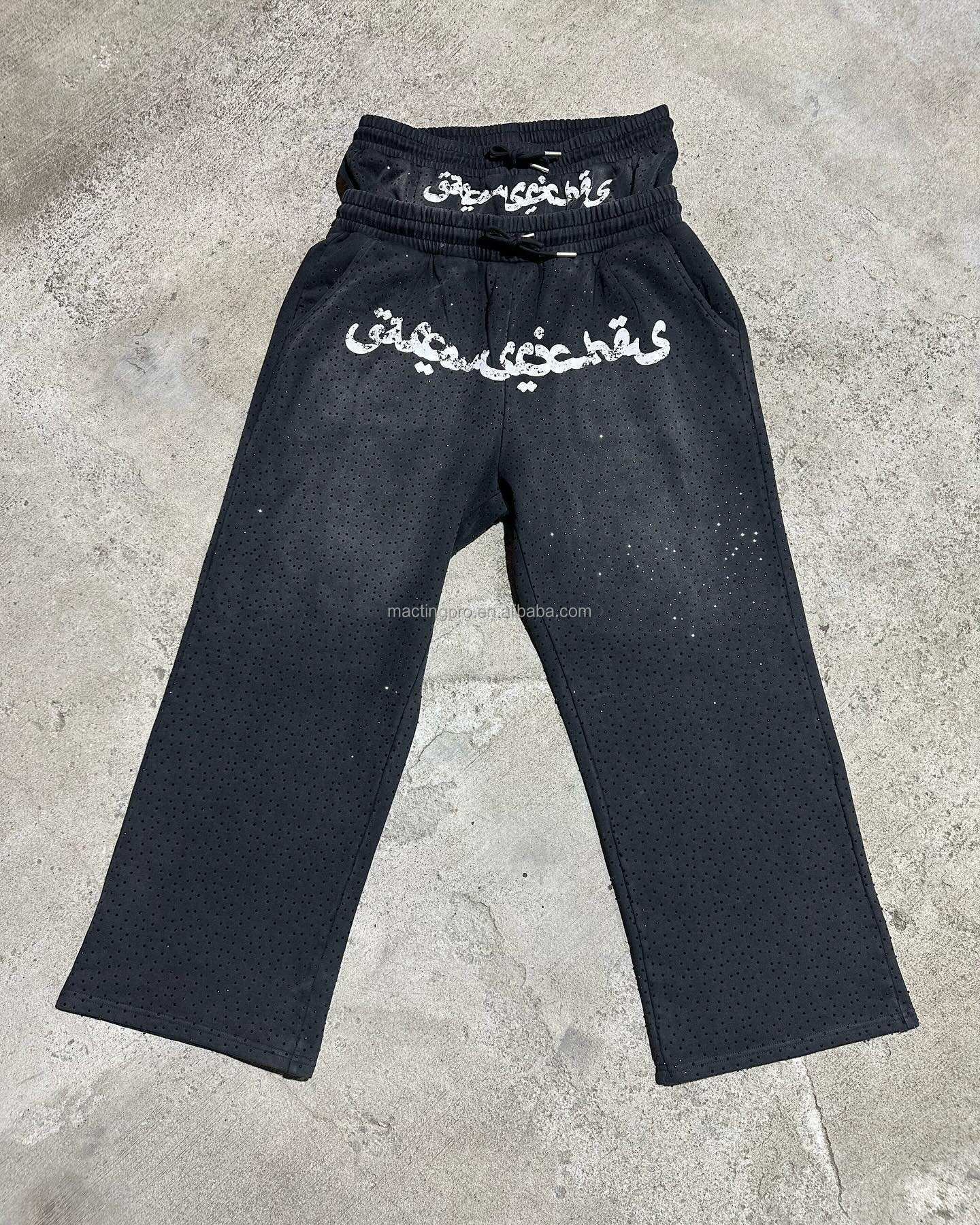 Vintage Acid Wash Distressed Rhinestone Double Waist Flared Baggy Sweatpants 100% Cotton