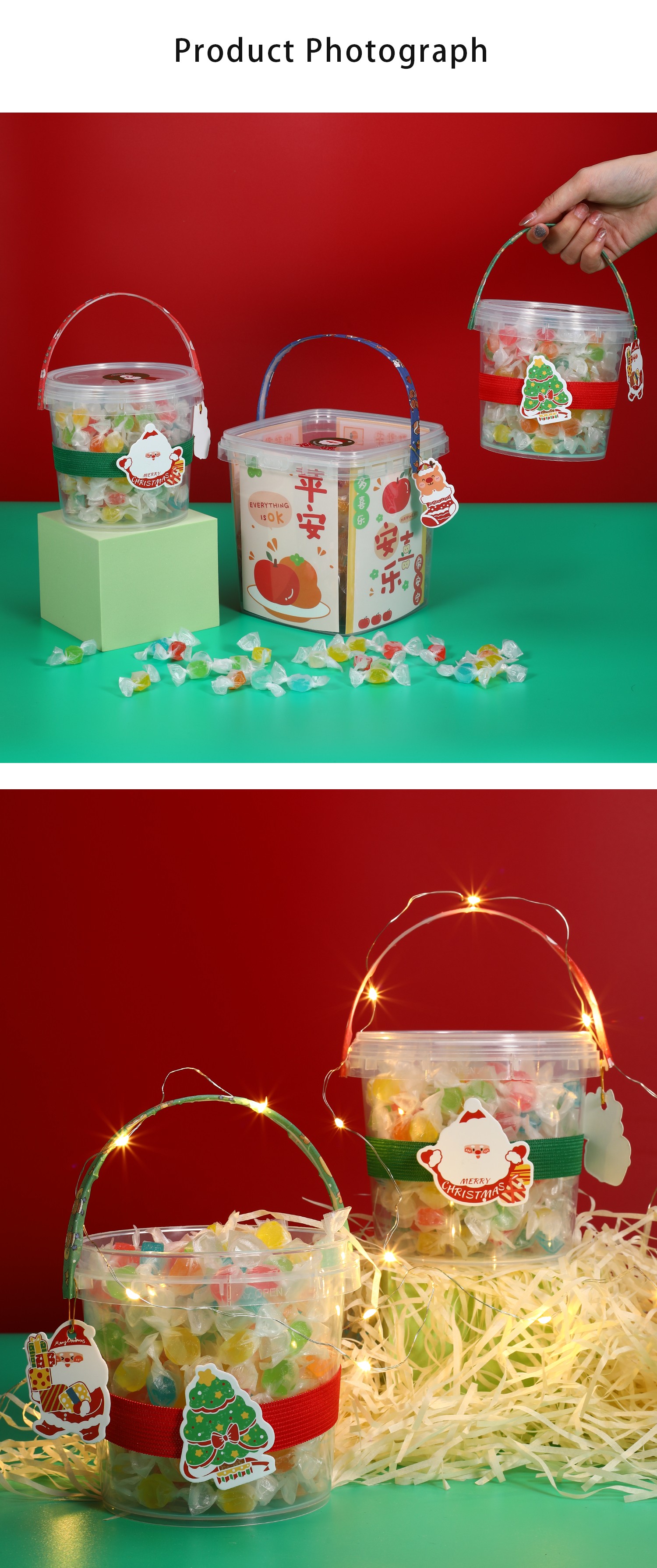 1L Thicken Decorative Round Plastic Buckets With Handle for Christmas Gift Toy Package