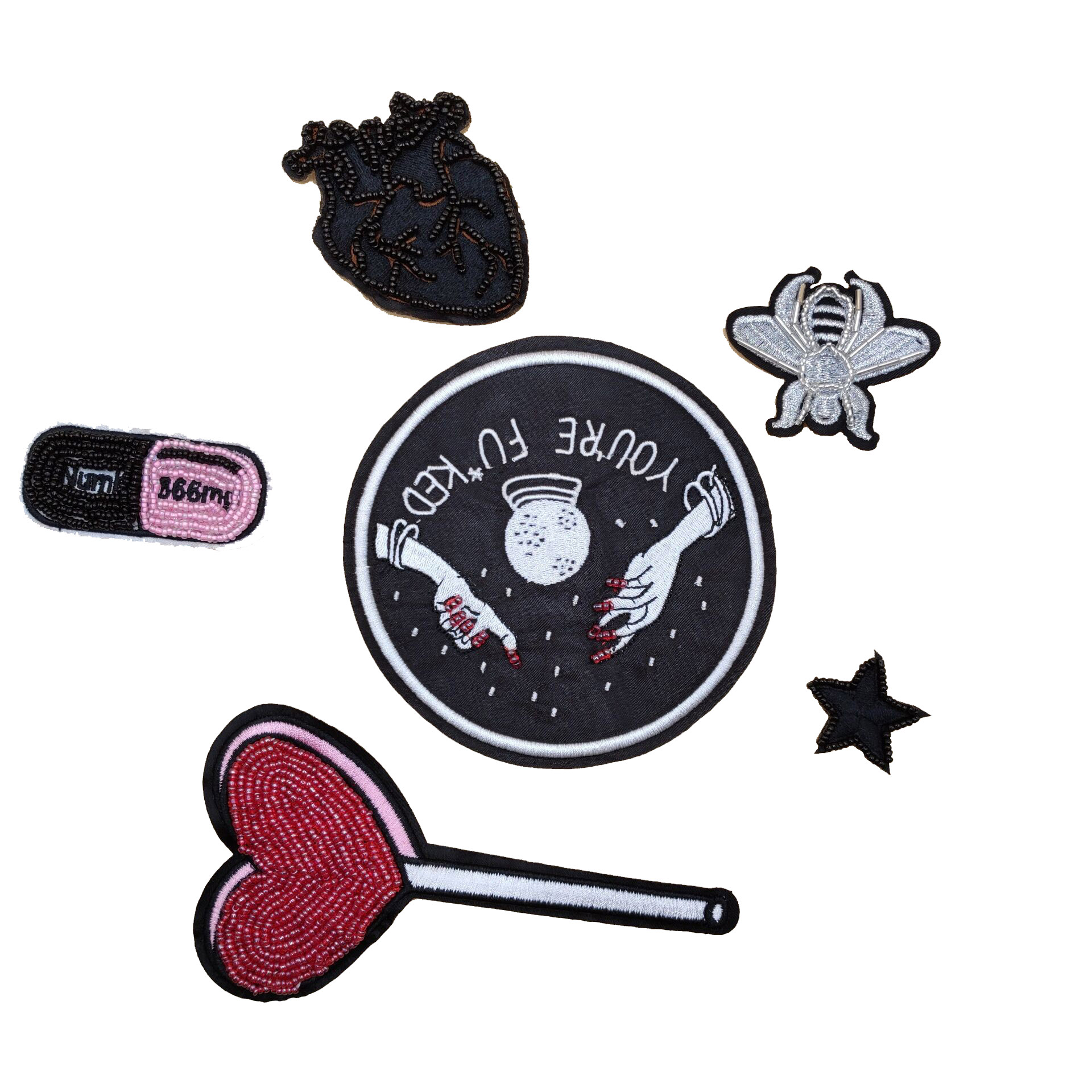 Self Adhesive Black Large Heart Patch , Beads Material Embroidered Star Patches