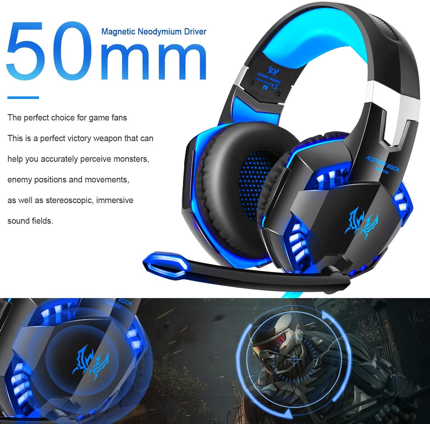 Kotion Each G2000 50mm 2.2kohm 2.2m Stereo Gaming Headset