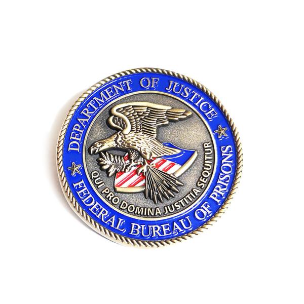 Antique Brass Finish Zinc Alloy Coins 3D Die Casted With Bureau Of Prisons