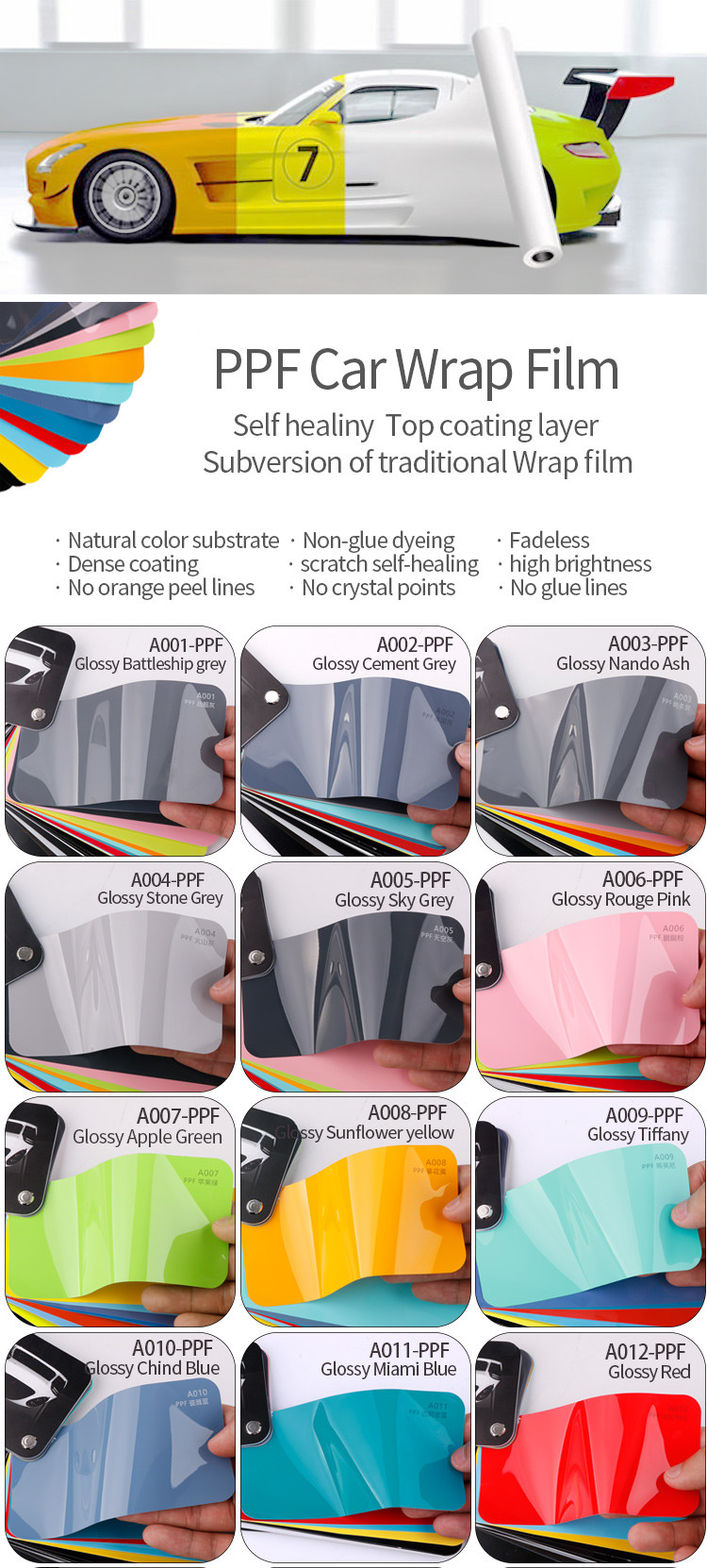 High Quality Car film 1.52*1.7m Vinyl Roll bright Glossy Sky Blue Self Repairing Matte Paint Protective Film for Car