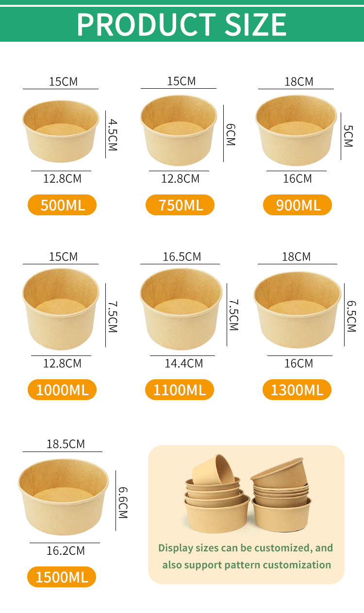 8 12 16 22oz Custom Logo Kraft Paper Bowl Paper Takeaway Food Containers With Lids