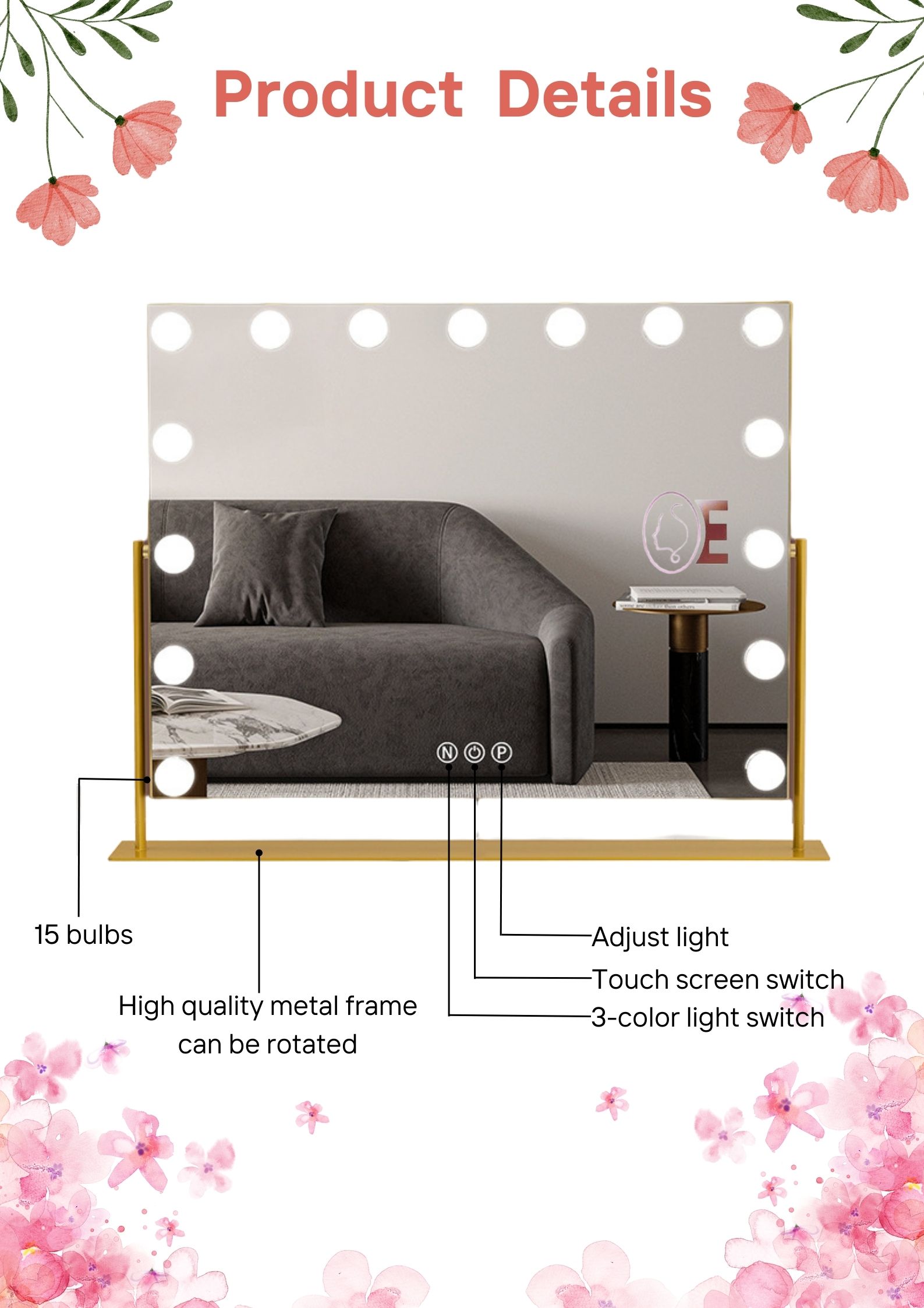 Adjustable Hollywood Mirror 80cm Touchscreen Led Makeup Vanity Mirror