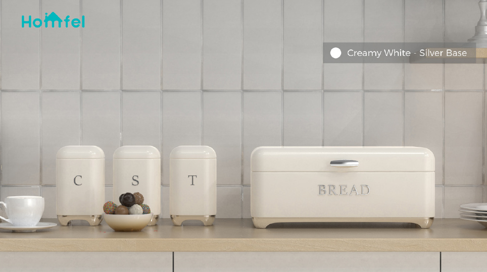 Square Kitchen Storage Bread Containers Crown Series Metal Bread Bin Set For Tea Can And Coffee Can
