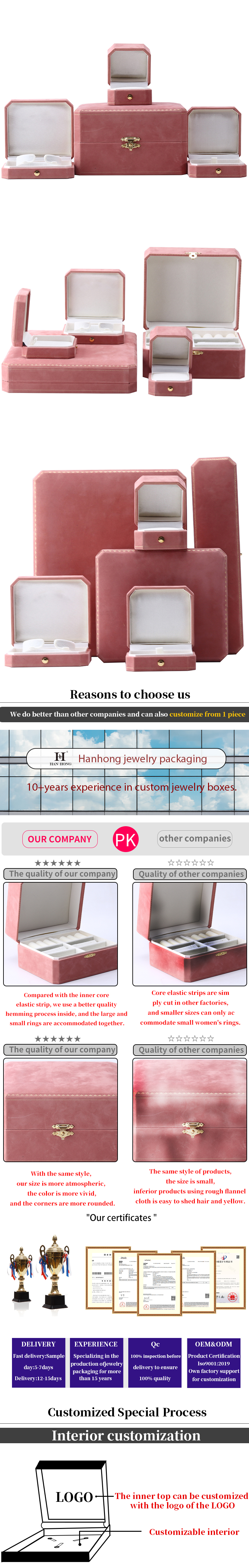Pink Velvet Rectangle Jewelry Box for Luxury Pattern Bracelet Set Custom Logo