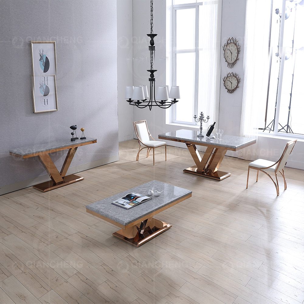 Rose Gold 180x90x75cm SS Dining Tables Durable Marble Dining Room Table