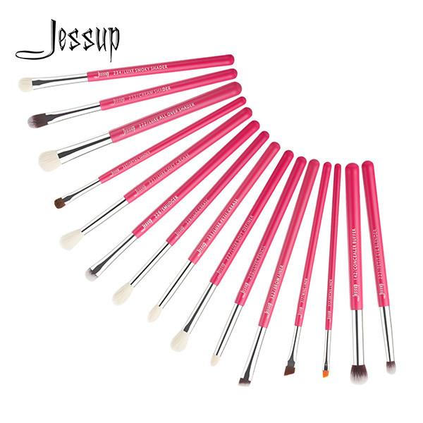 Jessup 15pcs Rose-carmin/Silver Eye Makeup Brush Set Wood Handle Cosmetic Makeup