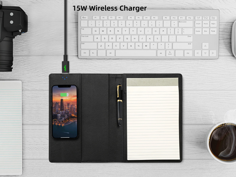 Business Gifts Custom Logo Pu Leather Cover 15W Fast Charging Wireless Phone Charger And Notebook