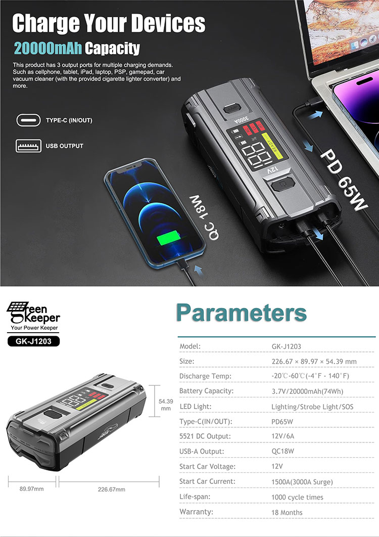 Small Cars Portable 12v Car Jump Starter Emergency Battery Booster 20000mah Power Bank