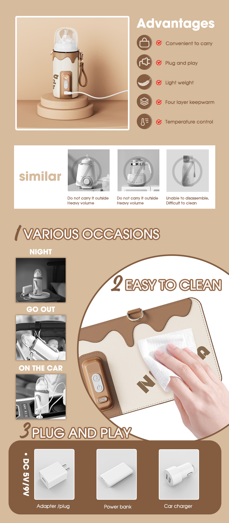 PU leather Electric Baby travel milk warmer Quick Temperature Heating Sleeve Cover 18w