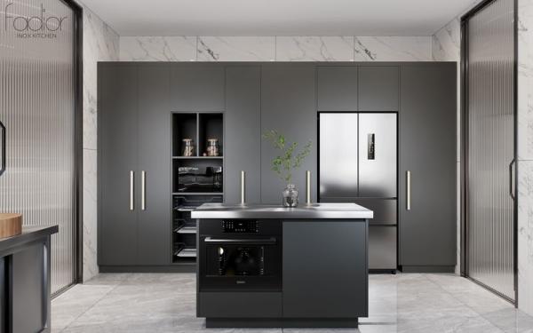 Modern Stainless Steel Double-Line Kitchen Cabinet With Integrated Appliances