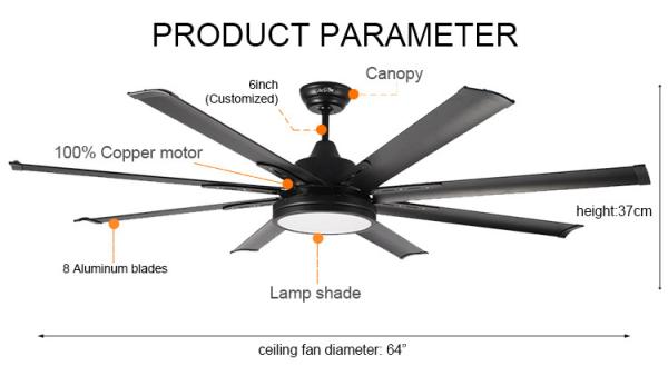 Decorative 35w 8 Vane 64 Inch Ceiling Fan / Dc Motor Ceiling Fan With Light And