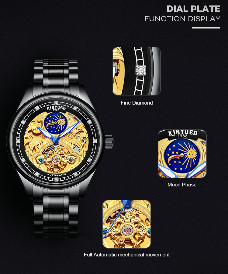 KINYUED popular stainless steel classical automatic luminous hands mens automatic skeleton watch