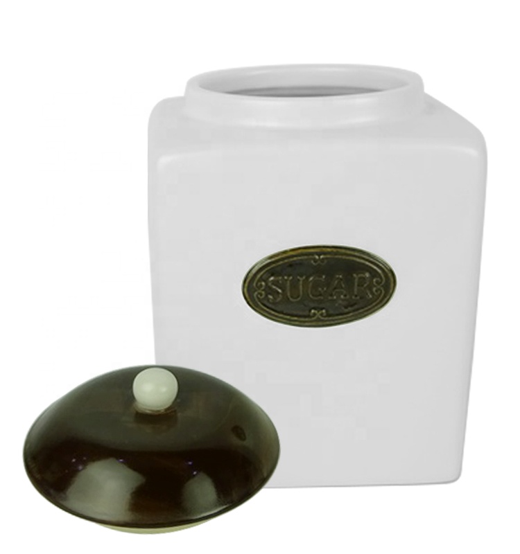 Ceramic Airtight Storage Jars Tea Sugar Coffee Food Storage Canister Set With Black Cover