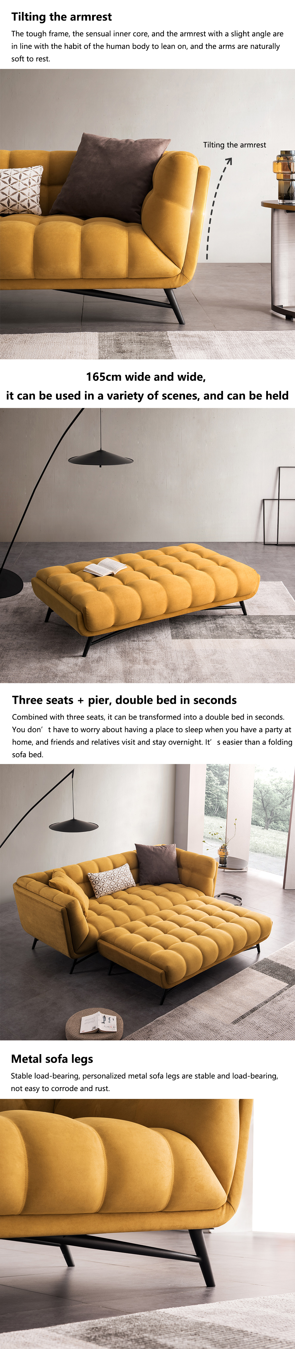 Tufted Sectional Loveseat Sleeper Sofa Bed Pull Out Yellow Velvet