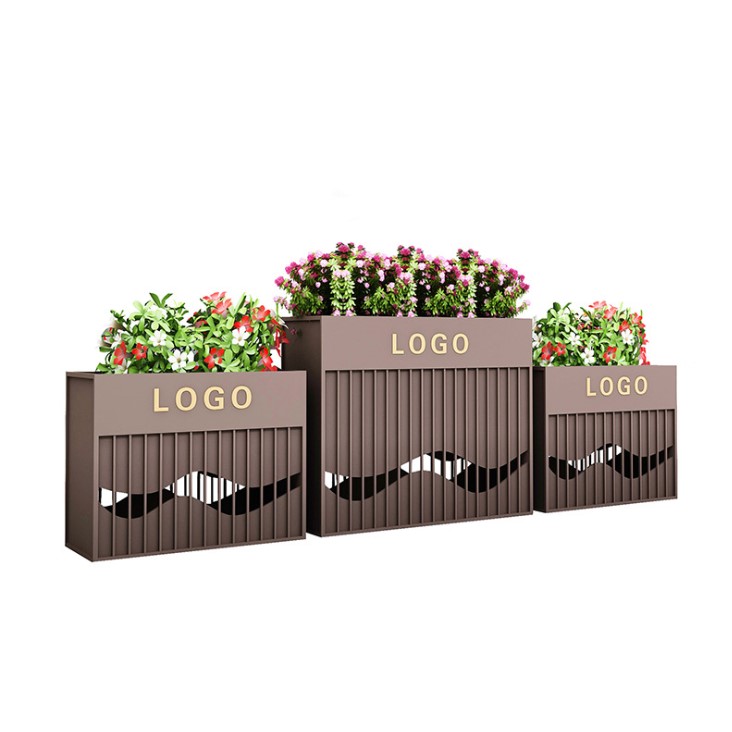 Large hollow-carved square rectangular steel flower planter pot