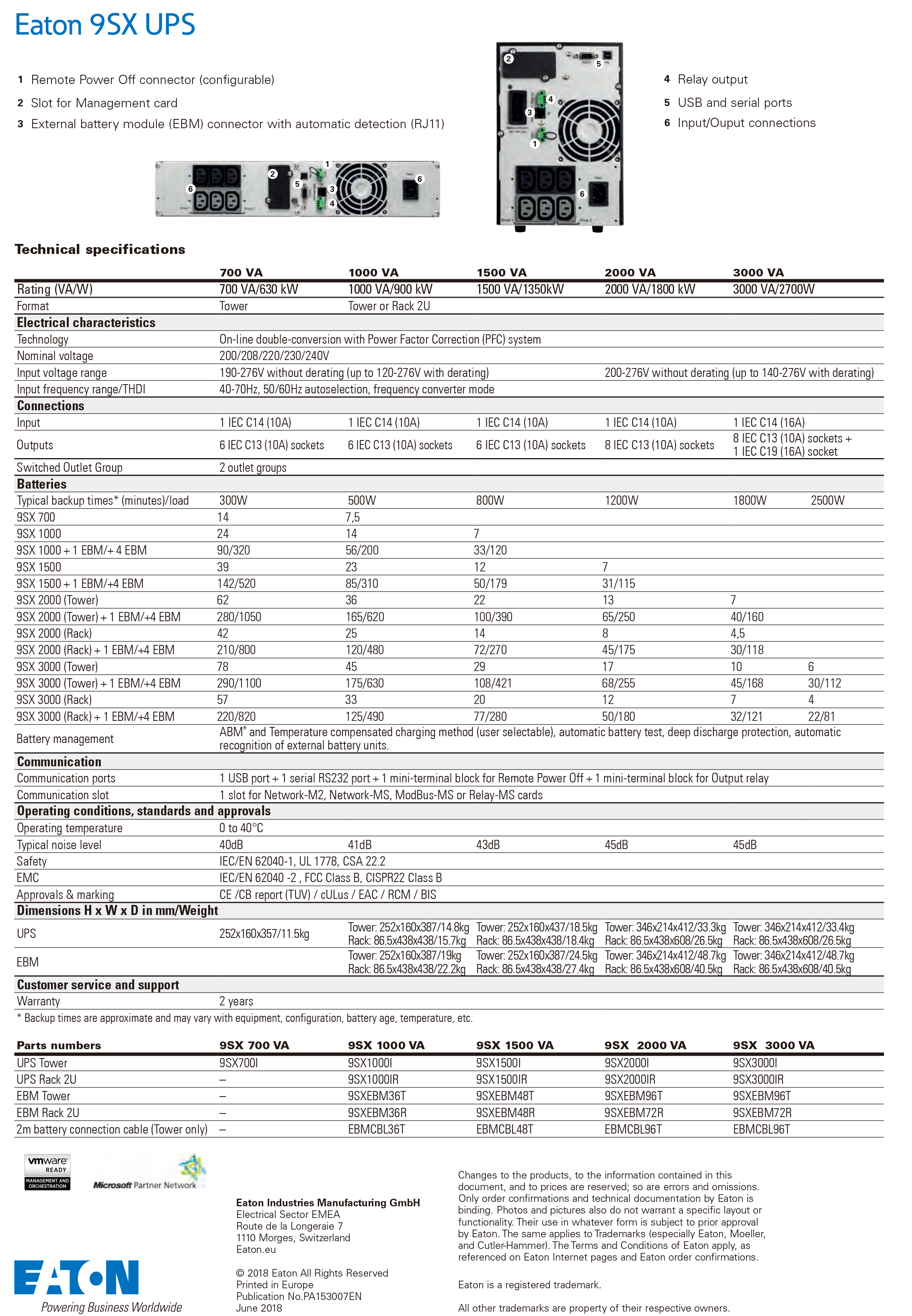Eaton 9SX 7VA 1KVA 1.5KVA 2KVA 3KVA Single Phase 220V 230V 240V Power Supply Online Tower UPS For Data Center