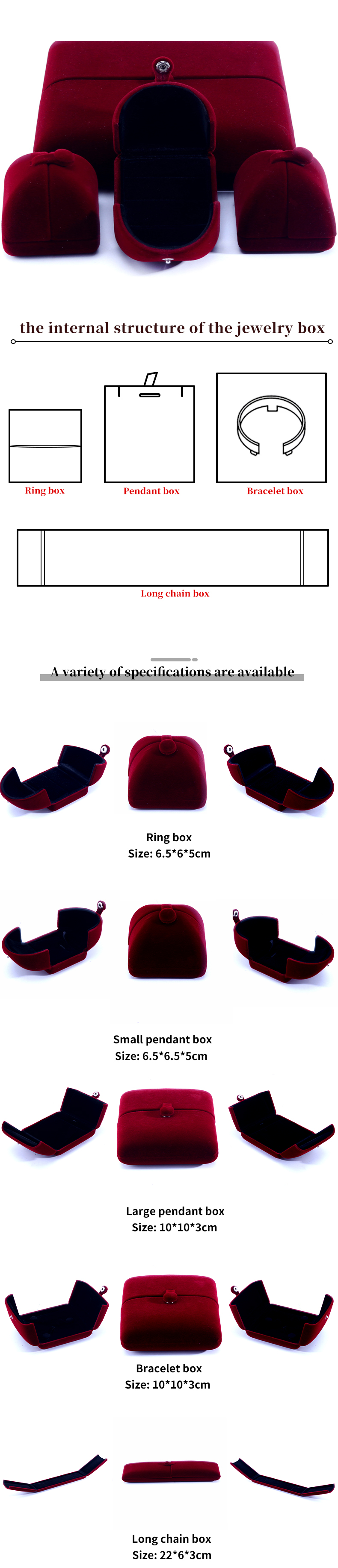 Customized Size Red Velvet Jewelry Box for Luxury Bracelets Earrings and Necklaces
