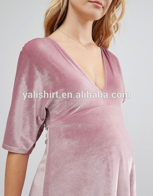 China factory custom v neck kimono sleeve velvet plunge mini maternity dress