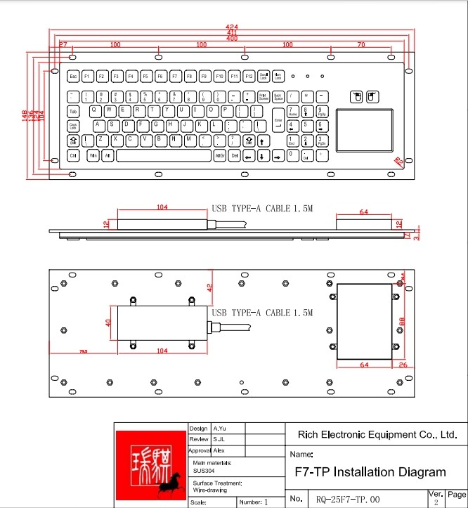 IP65 / IK07 SUS304 Industrial Dust Proof Keyboard Over 2million Key Life Cycle