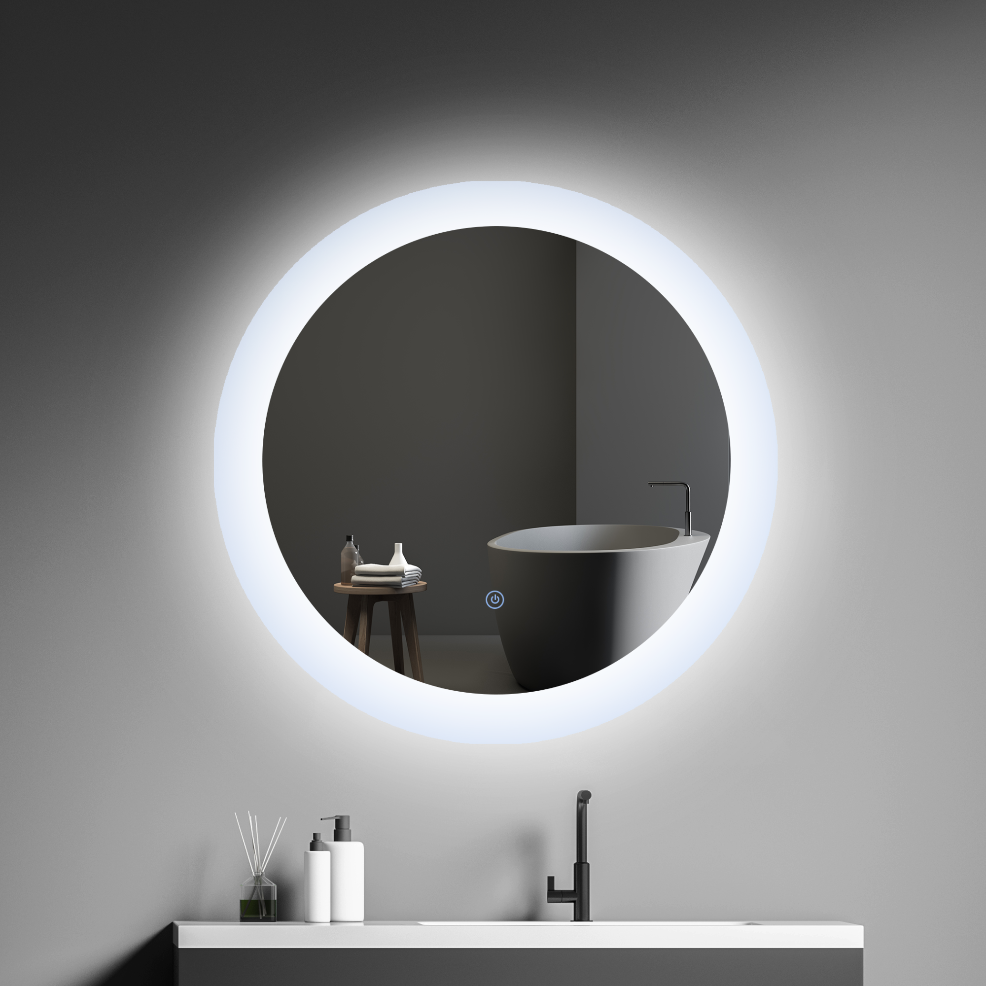 Smart Touch Screen LED Mirror Bathroom Luxury IP44 Suitable Defogger and Time Display