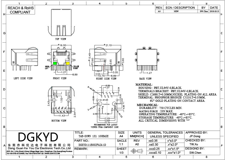 8P8C RJ45 Single Port Female Through Hole Connector DGKYD111B002FA2A1D RJ45 With Transformer