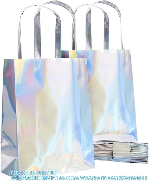 Holographic Foil Paper Gift Bags With Handles, Reusable Iridescent Gift Bags For